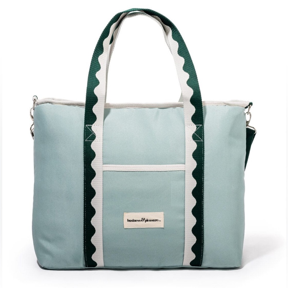 business & pleasure Co. THE COOLER TOTE BAG in Rivie Green. 16”L x 5”W x 10.5”H